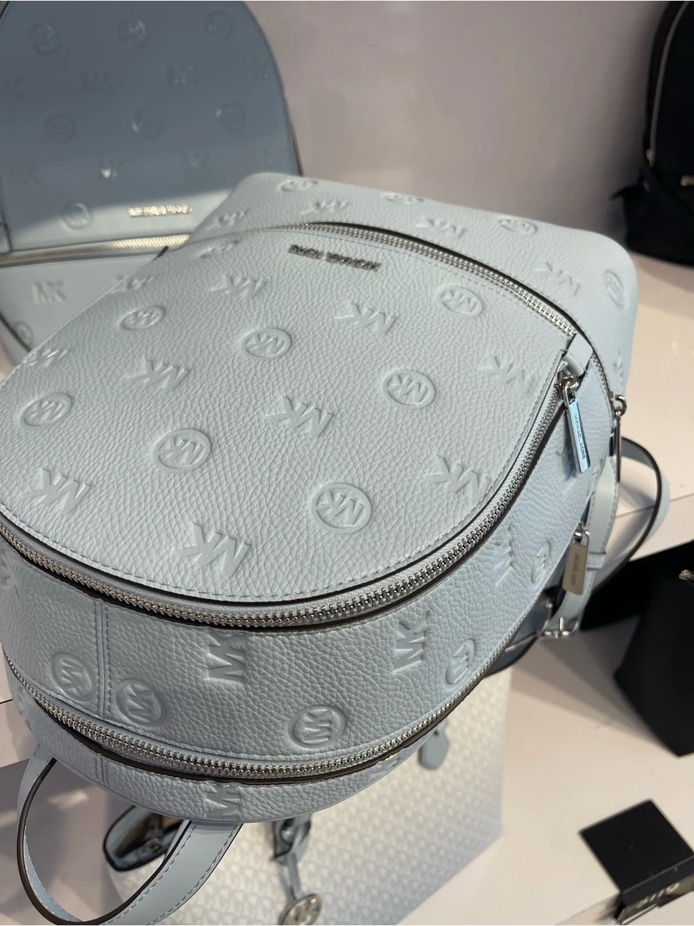 Michael Kors Rhea Medium Zip Logo Debossed Backpack Pale Ocean NWT